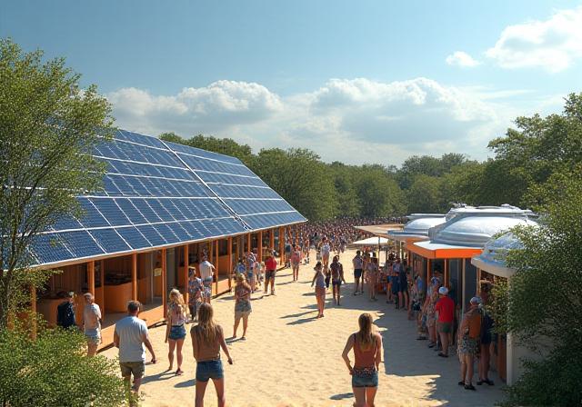 Sustainable music festival with solar panels and eco-friendly infrastructure